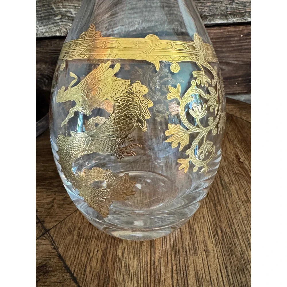Willams‎ Sonoma Gold year of Dragon Encrusted Decanter 3 Glasses Set Barware